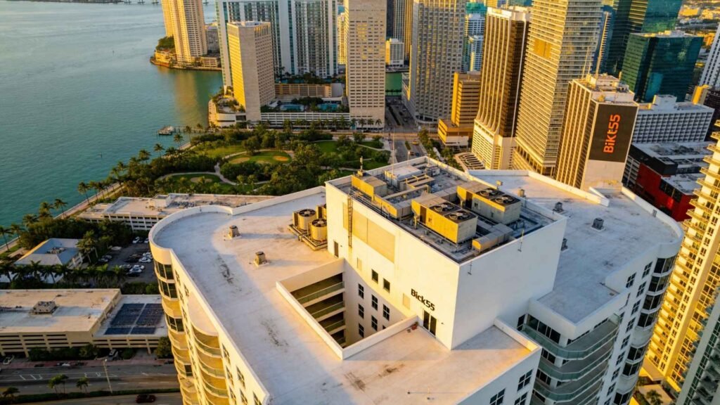 Miami for Digital Nomads aerial view of Brickell financial district with modern skyscrapers and Biscayne Bay waterfront