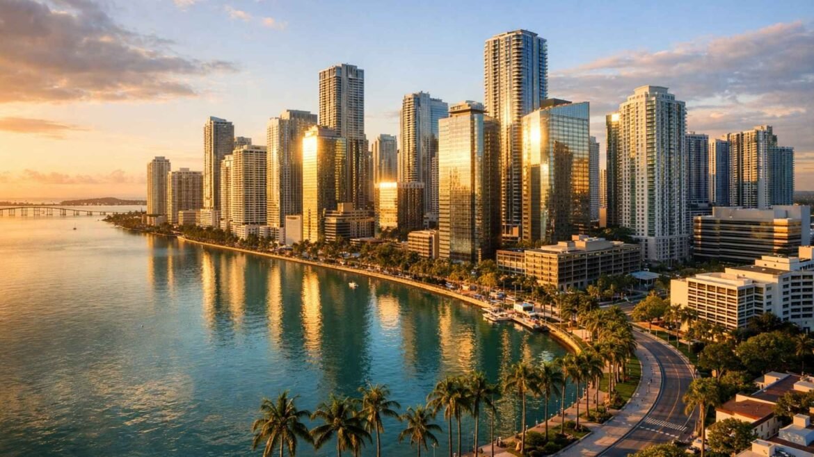 Miami for Digital Nomads skyline view of Brickell financial district at sunrise