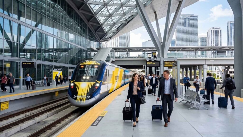 Miami for Digital Nomads Brightline high-speed train at MiamiCentral station connecting Miami and Orlando