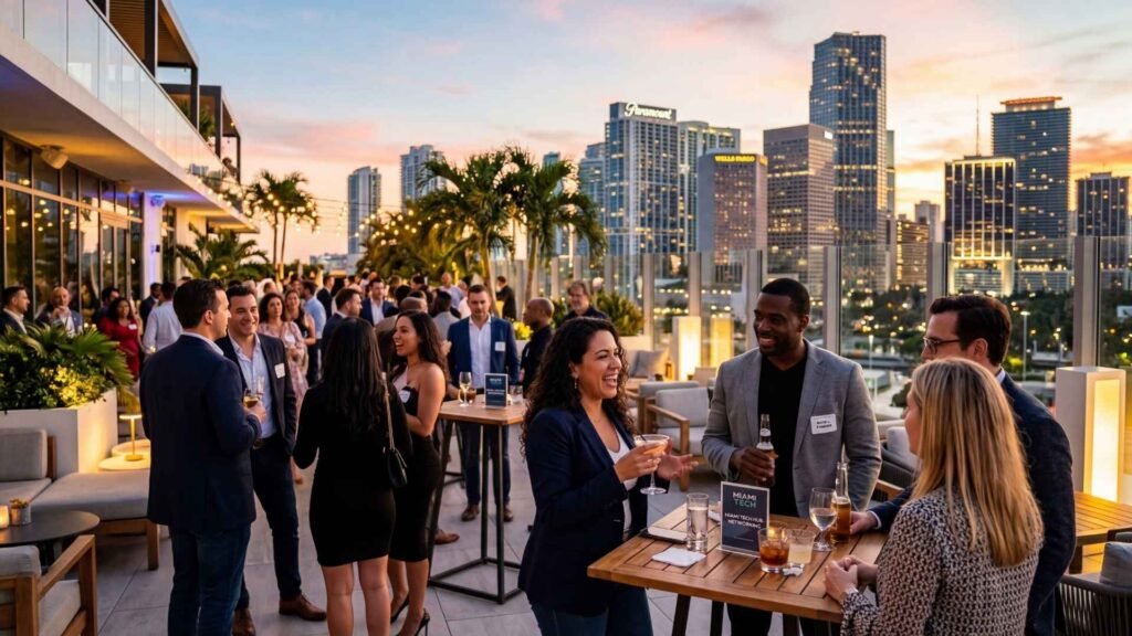 Miami for Digital Nomads professionals networking at rooftop business event with Miami skyline