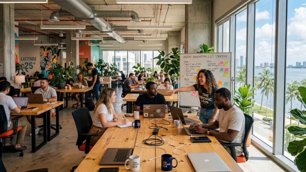 Miami for Digital Nomads entrepreneurs working together in modern startup coworking space
