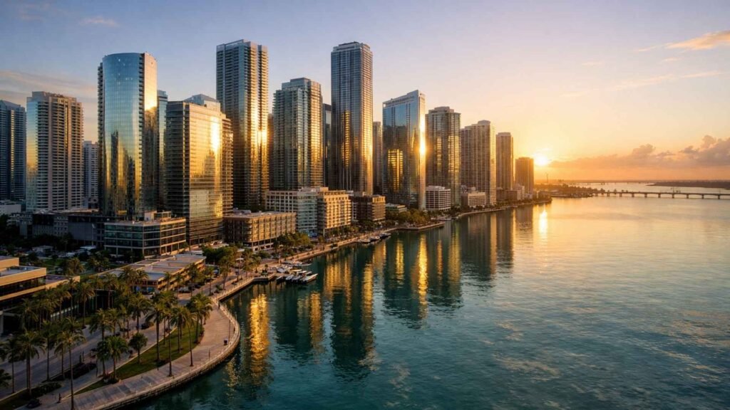 Miami for Digital Nomads waterfront skyline with palm trees and modern Miami skyscrapers along Biscayne Bay