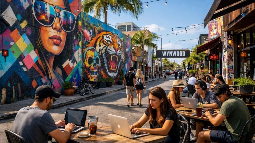 Miami for Digital Nomads remote workers using laptops at outdoor café in Wynwood Miami street art district