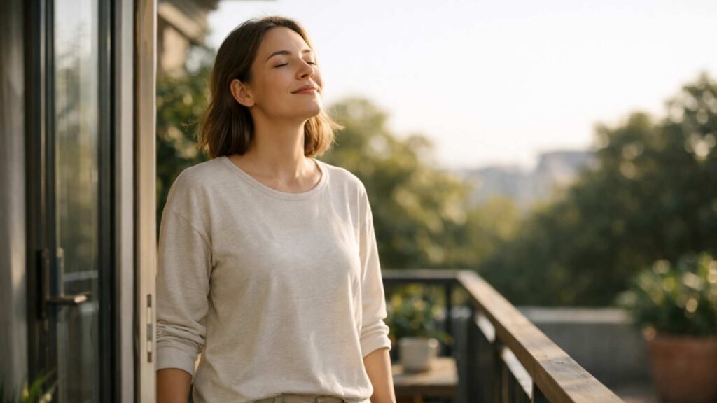 young woman breathing fresh air on balcony in soft morning sunlight with relaxed expression and calm wellness mood