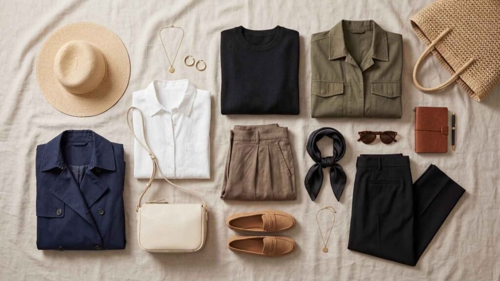 neutral color travel capsule wardrobe clothing pieces arranged on bed