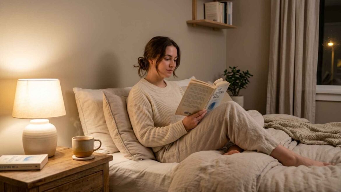 night routine for deep sleep cozy bedroom woman reading book with tea warm lighting