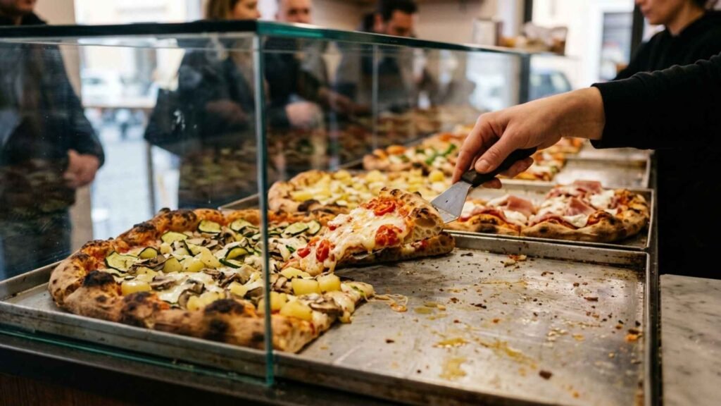 Pizza al taglio slices being served from trays in a Roman street food bakery