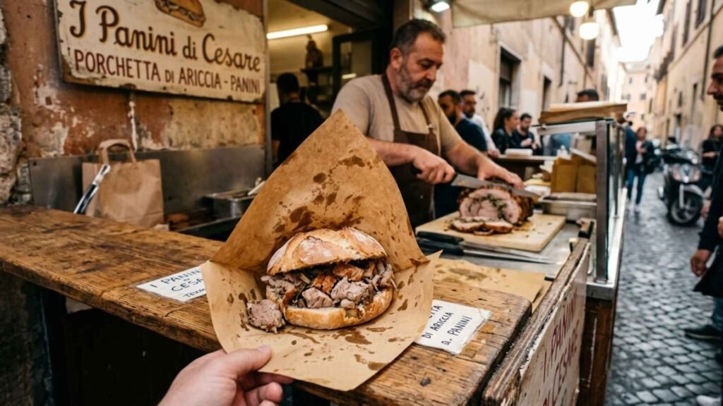 Porchetta sandwich Rome street food stall with roasted pork and crispy edges on rustic bread
