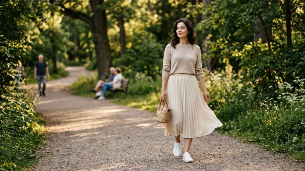 Woman walking in a park wearing a capsule wardrobe outfit with knit sweater, skirt and sneakers in a relaxed natural setting