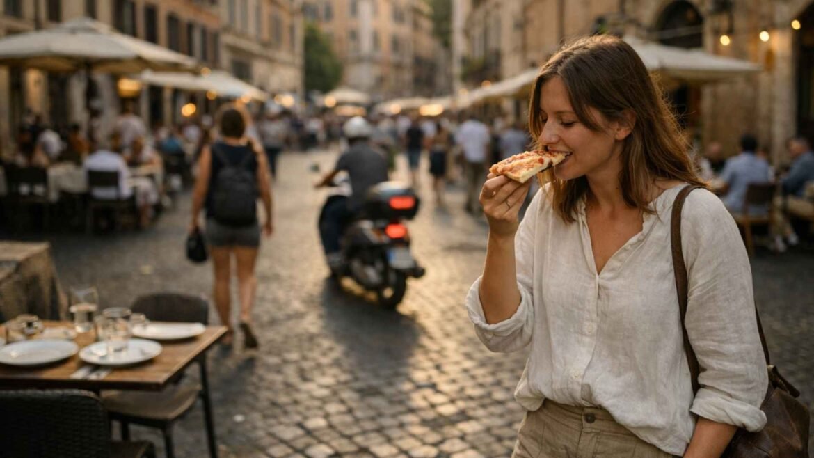 Roman Street Food - Woman eating pizza al taglio on a lively Roman street with authentic street food atmosphere