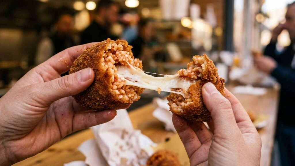 Roman supplì being broken open with melted mozzarella cheese pull street food Rome