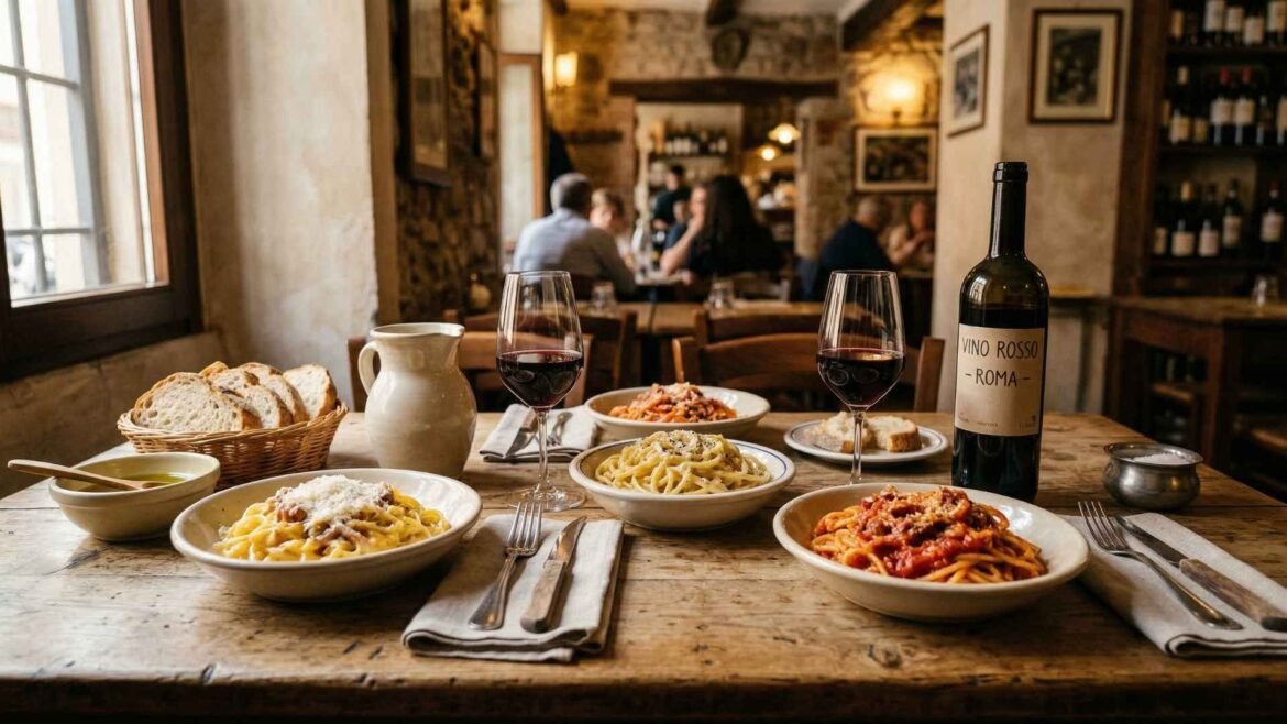 what to eat in Rome - Traditional Roman pasta dishes including carbonara and amatriciana served on a rustic trattoria table in Rome