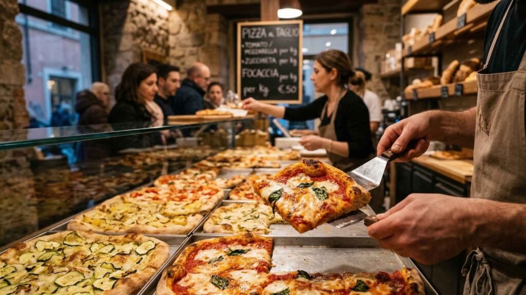 Pizza al taglio slices displayed in a Roman bakery with crispy crust and toppings