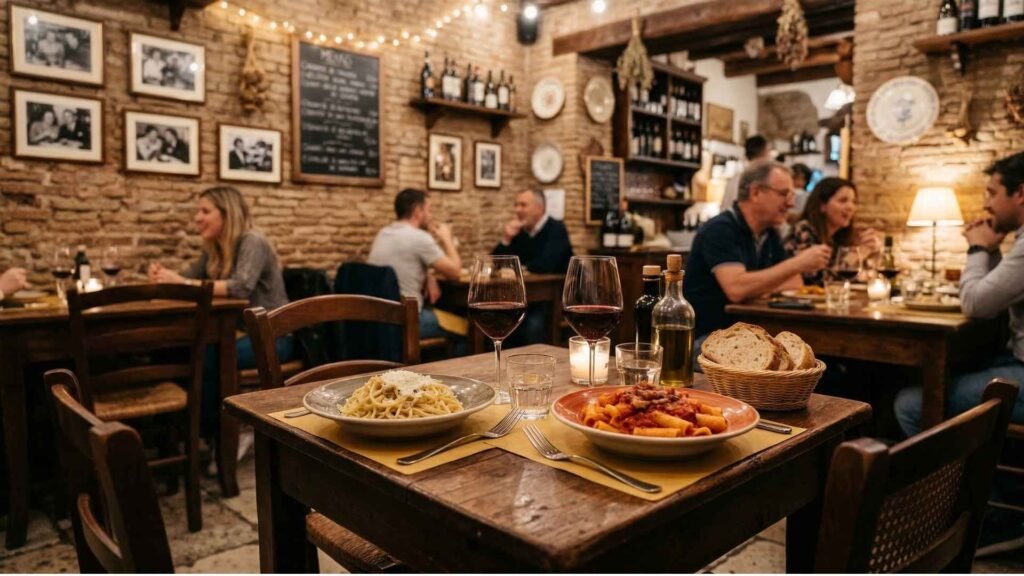 People dining inside a traditional Roman trattoria with warm lighting and rustic decor