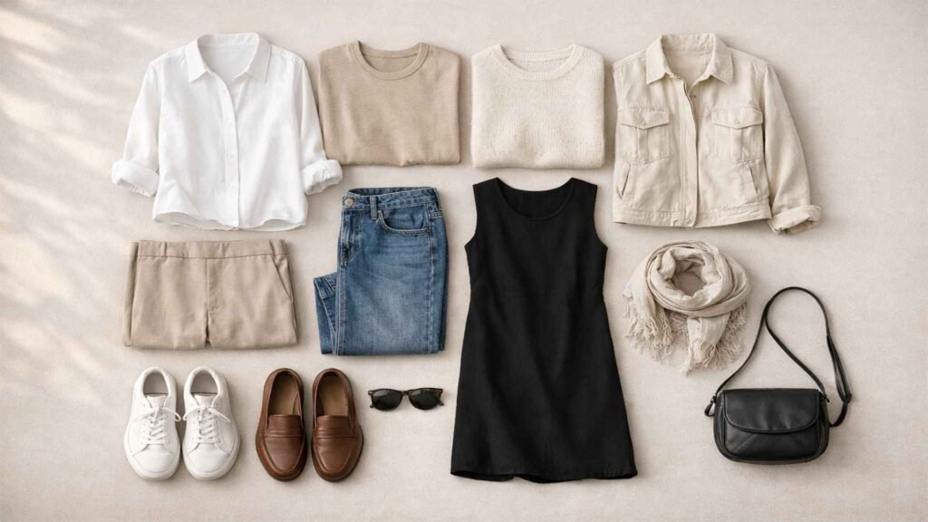 simple travel capsule wardrobe example with shirts jeans dress jacket sneakers loafers and accessories