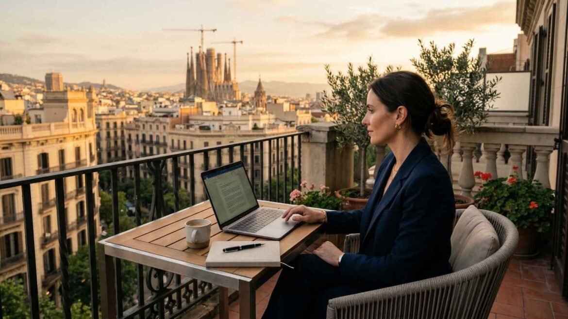 Starting a business in Barcelona with a professional woman working remotely from a balcony overlooking the city skyline at sunrise