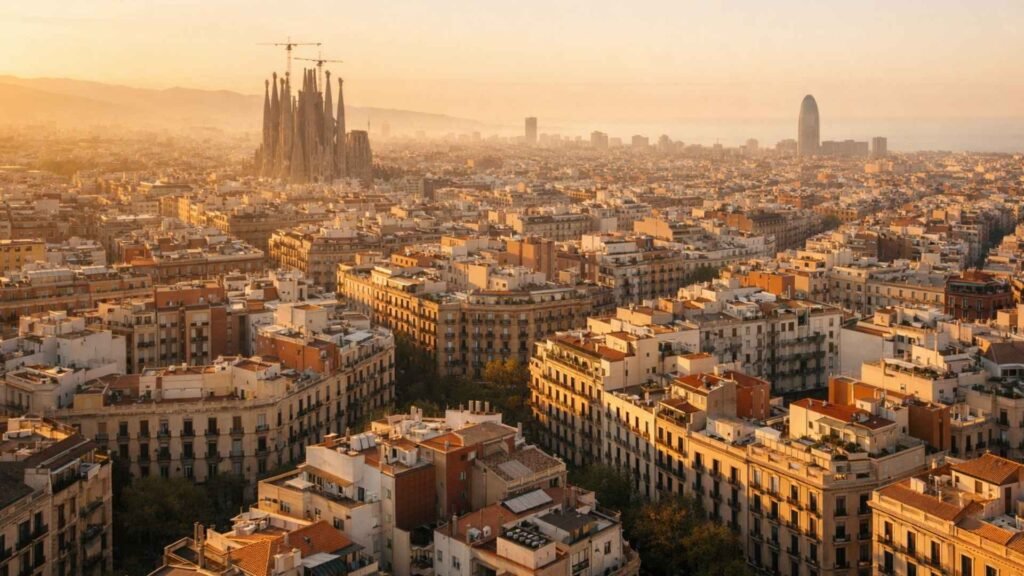 Starting a business in Barcelona with panoramic skyline view of Eixample district and Sagrada Familia at sunrise representing global opportunity