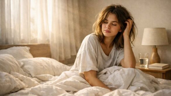 Why Am I Always Tired? - tired young woman waking up in soft morning sunlight sitting in bed with messy white sheets in a calm minimalist bedroom