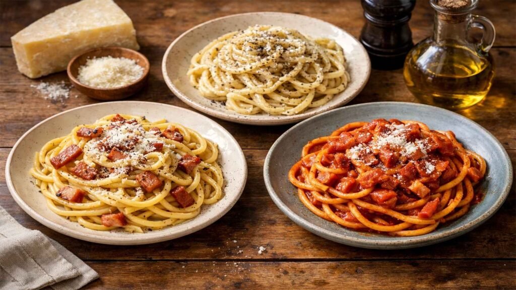 Traditional Roman pasta dishes carbonara cacio e pepe and amatriciana served on rustic plates