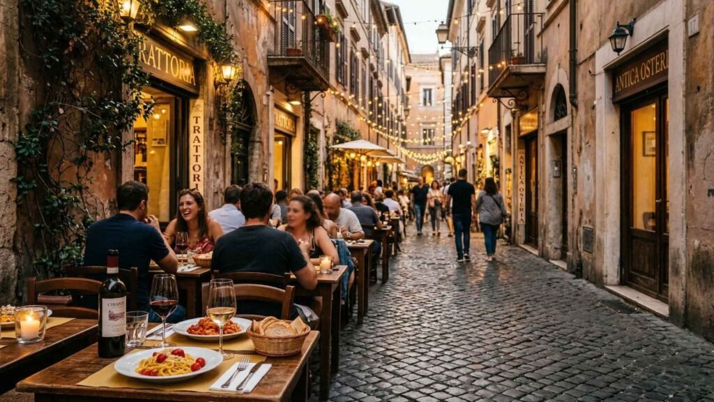 Outdoor dining in Trastevere Rome with people eating at restaurants on a cobblestone street