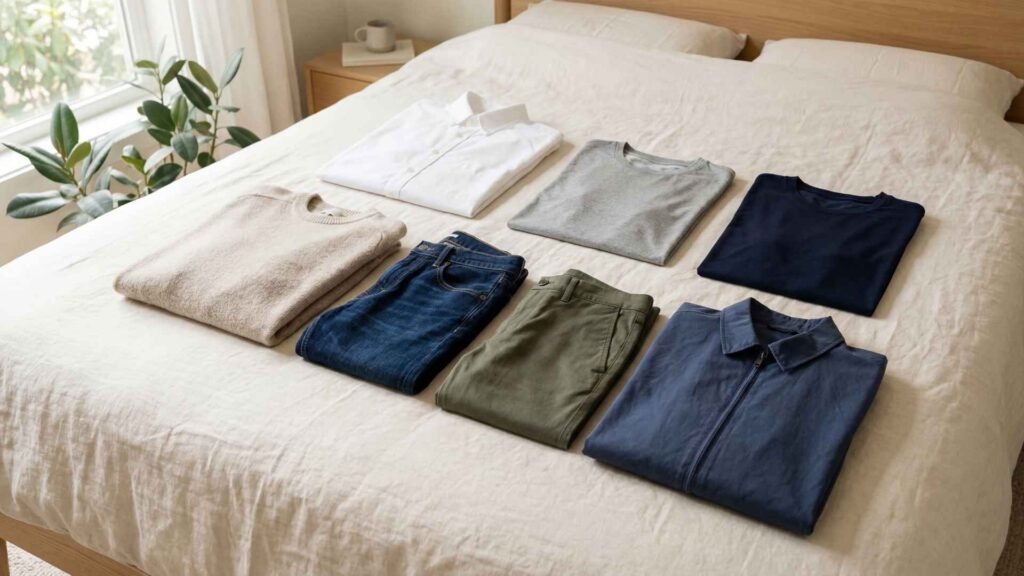 core clothing pieces for a travel capsule wardrobe including shirts, sweater, jeans and trousers