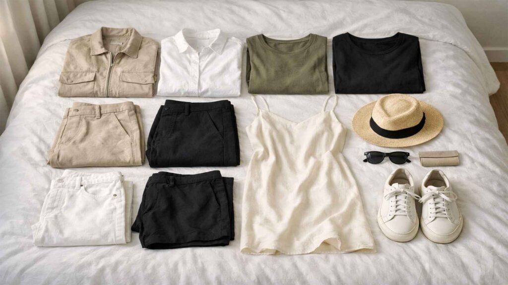 Example of a travel capsule wardrobe with coordinated clothing pieces arranged on a bed