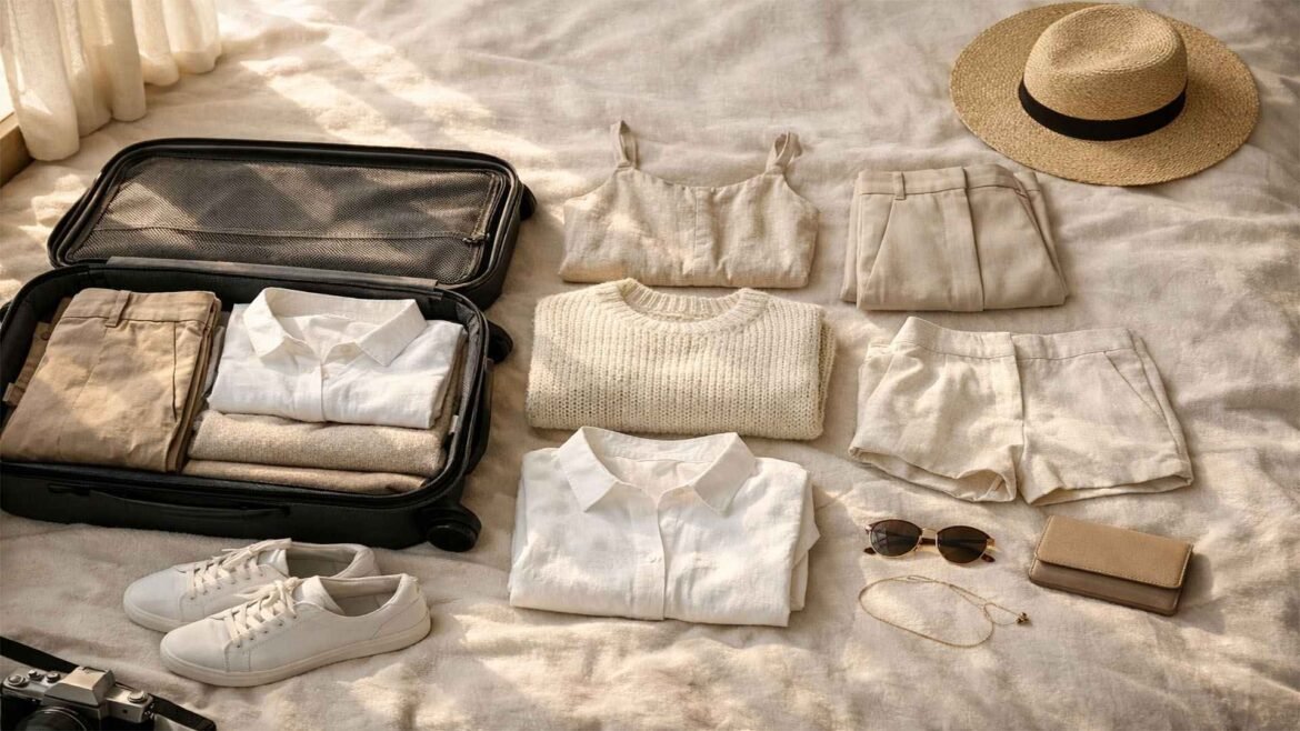 travel capsule wardrobe outfits flat lay with neutral clothing pieces, open suitcase, white sneakers and minimalist travel accessories