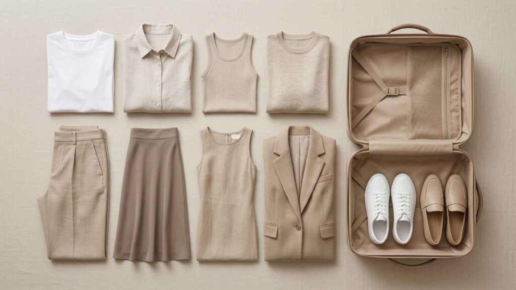 Minimal travel capsule wardrobe with neutral clothing pieces including t-shirt, shirt, knitwear, trousers, skirt, dress, blazer and shoes neatly arranged in a suitcase flat lay