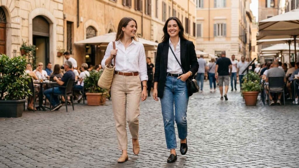 two women wearing different outfit combinations from a travel capsule wardrobe in a European street