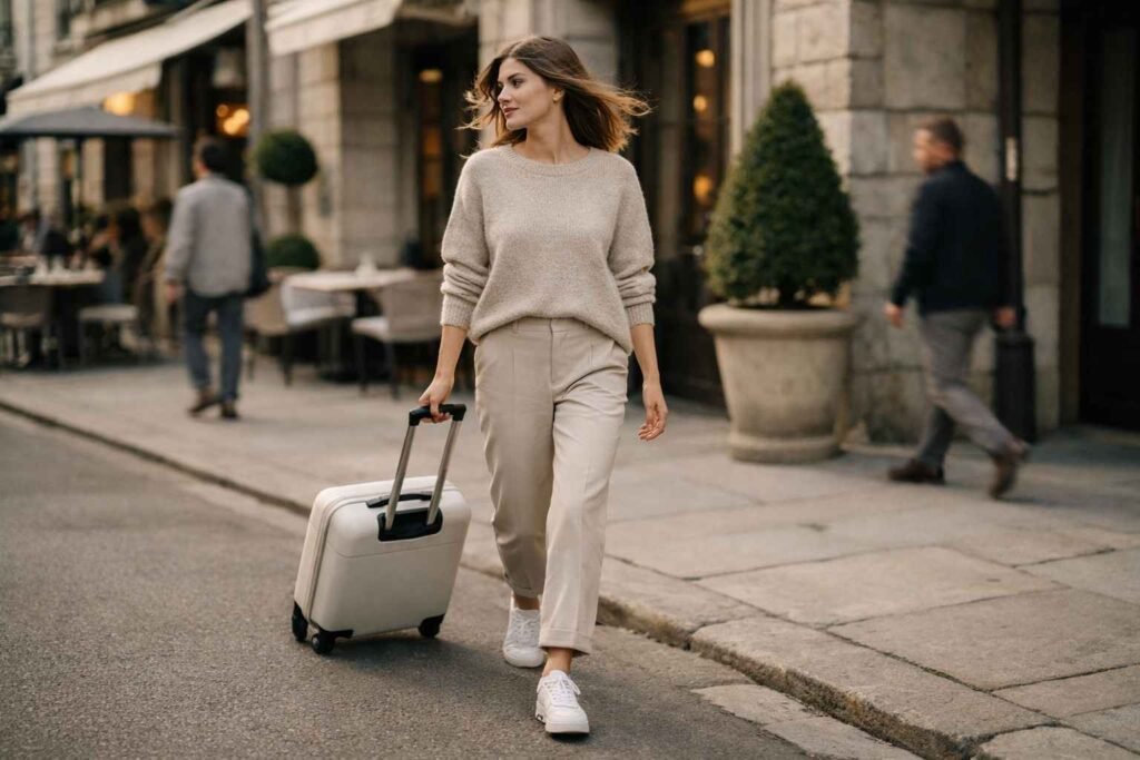 Woman walking with a suitcase wearing a capsule wardrobe outfit with knit sweater, trousers and sneakers in a travel day setting