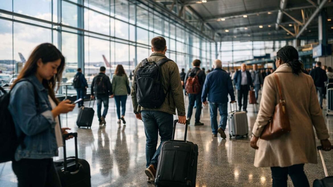 UK Passport Control - Passengers walking inside a modern UK airport arrival terminal after landing with luggage