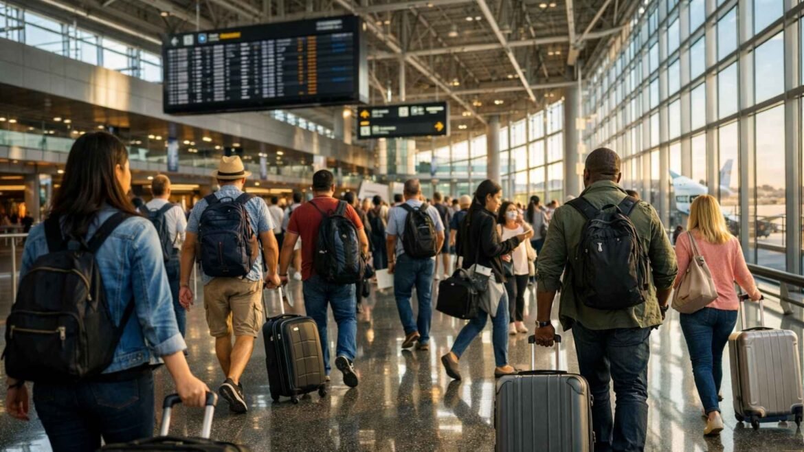 UK ETA - Travelers walking through a busy international airport terminal with luggage before departure.