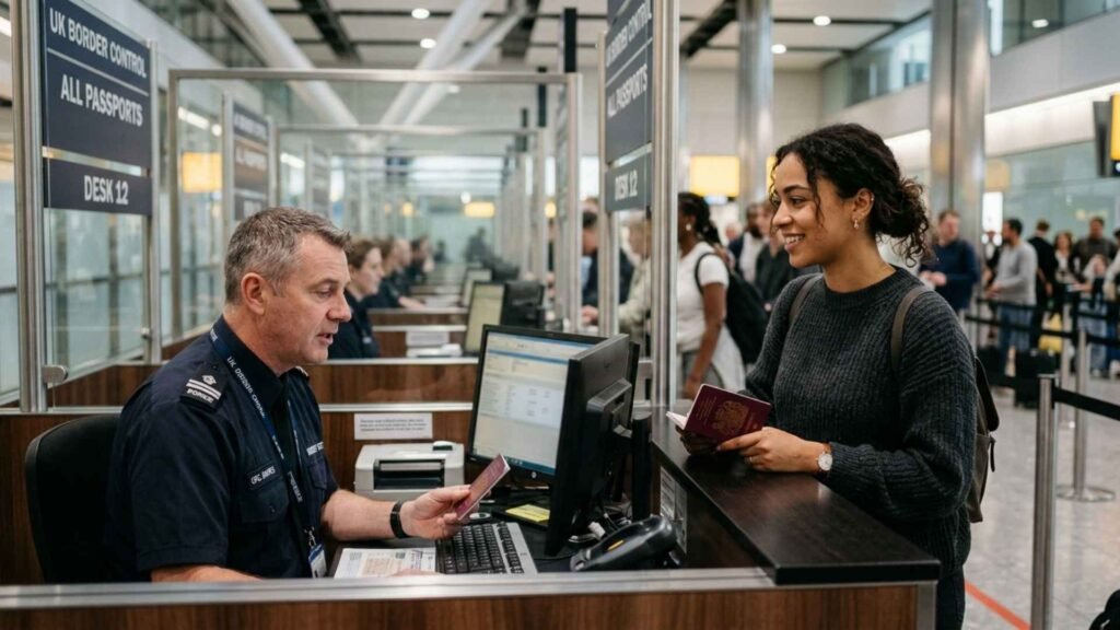 Traveler answering questions at UK border control with passport