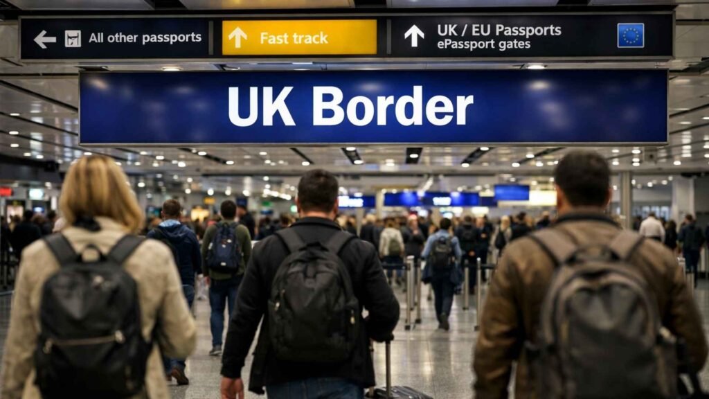 Travelers walking toward UK border passport control after arriving in the United Kingdom.