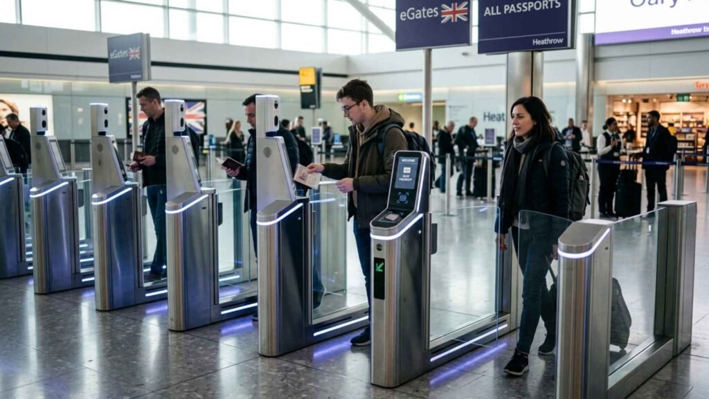 Passengers using UK eGates automated passport control at airport