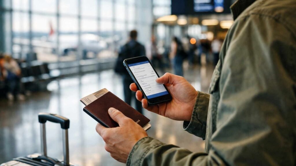 Traveler using smartphone UK ETA application with passport and luggage at airport terminal.