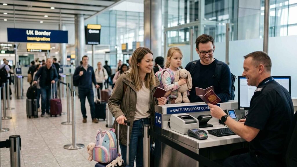 Family with child at UK airport passport control speaking to border officer