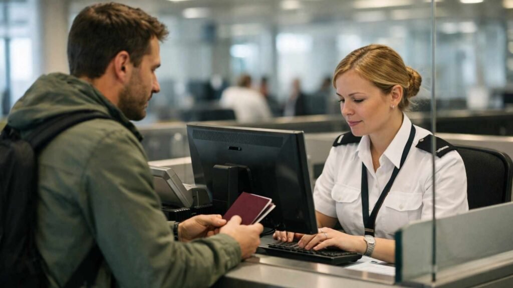 UK passport control officer checking traveler passport at immigration desk