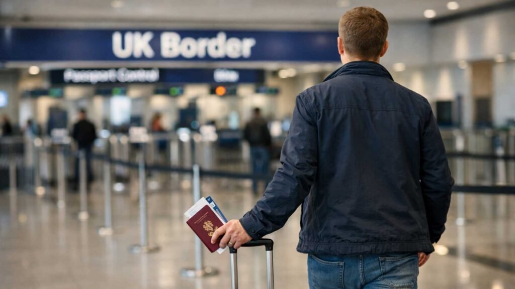 Traveler holding passport walking toward UK border passport control smoothly