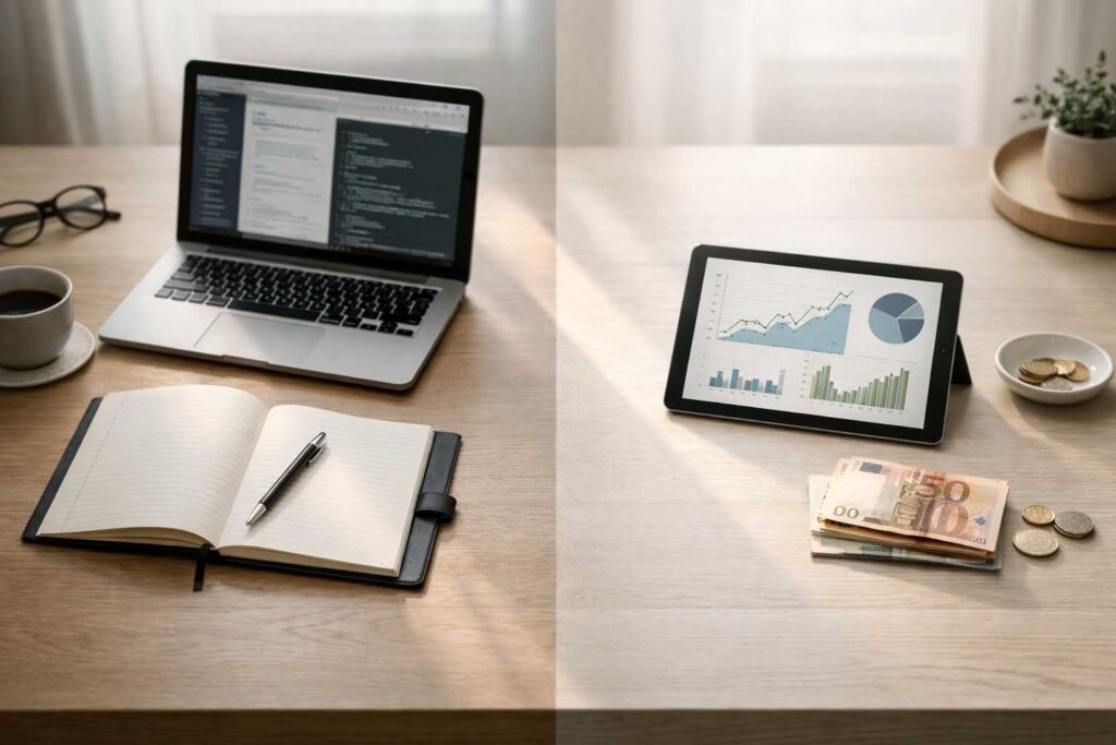 Split desk showing active income work setup and passive income investment charts with euro cash in Spain tax context