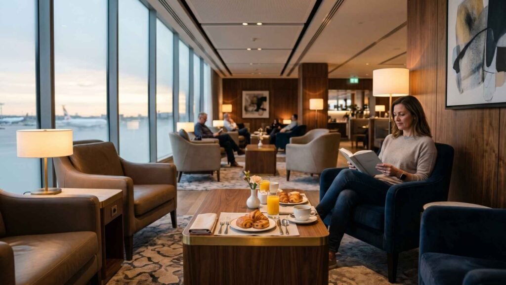 Airport arrival lounge with comfortable seating breakfast and relaxing travelers