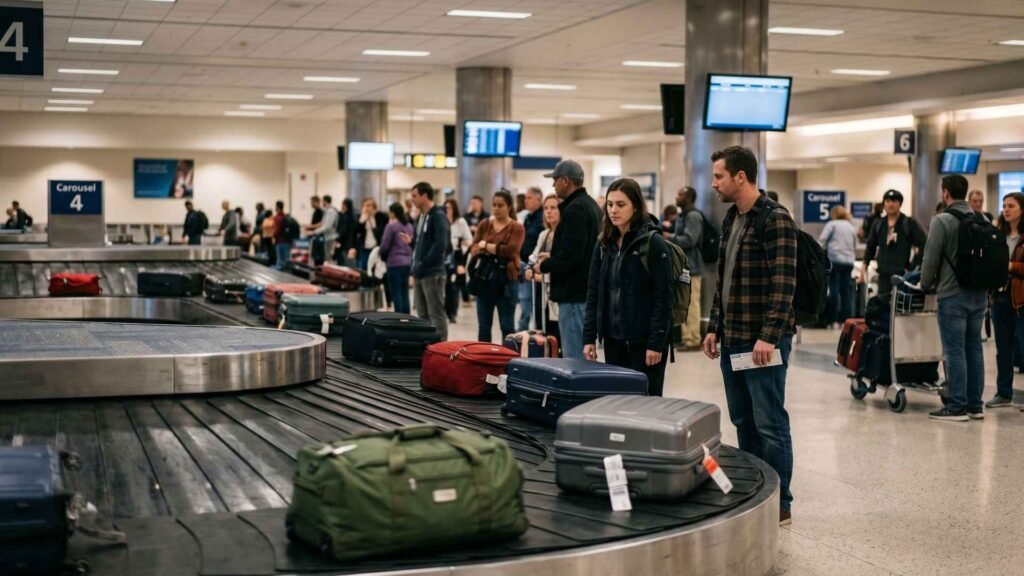 Airport baggage claim carousel with travelers waiting for luggage after landing