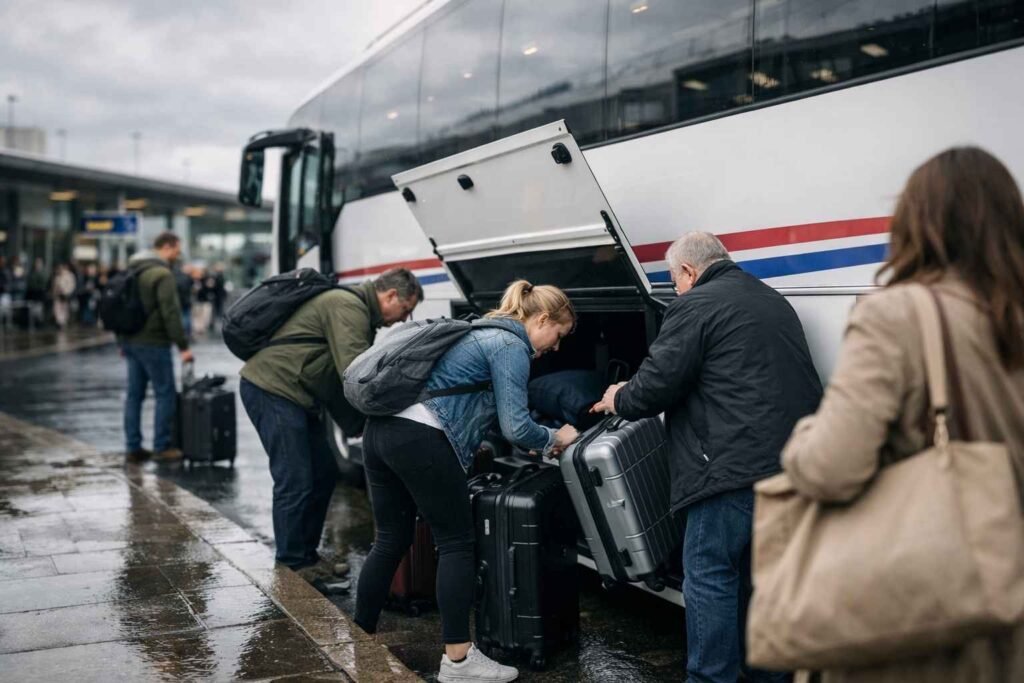 Travelers loading suitcases into a coach bus at an airport transfer pickup area