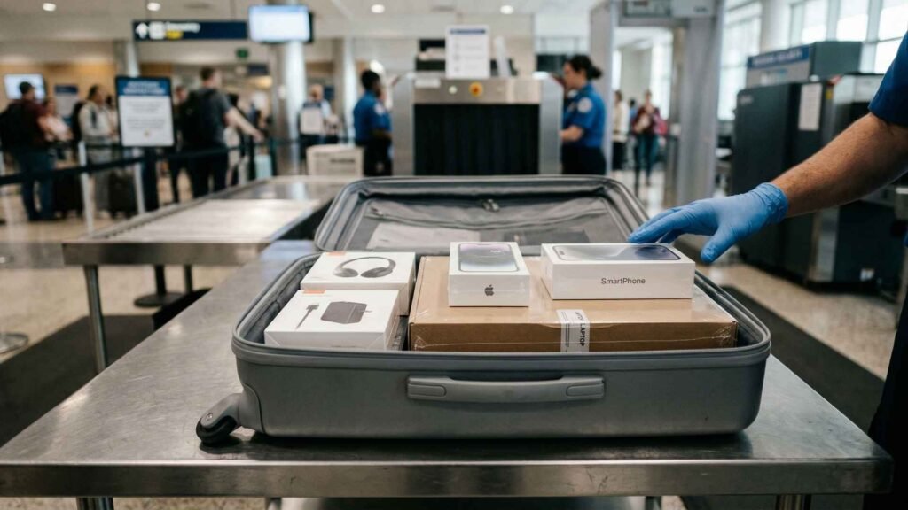 open suitcase with new electronics being checked at airport customs inspection table