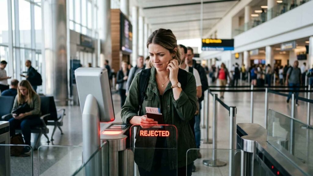 traveler at airport eGate facing rejected scan while holding passport and looking confused during identity verification