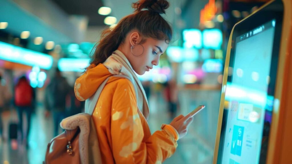 female traveler activating eSIM at airport self service kiosk using smartphone