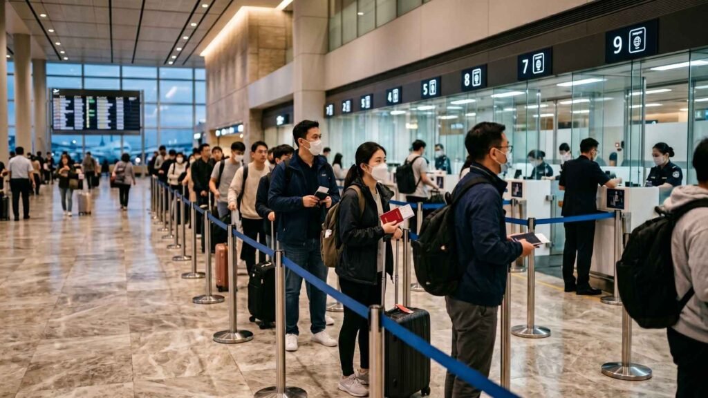 Thailand ETA & TDAC Guide 2026: Travelers going through passport control at airport immigration checkpoint