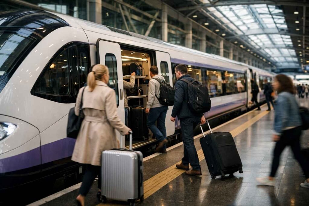Passengers boarding an airport train in London with suitcases on a modern platform