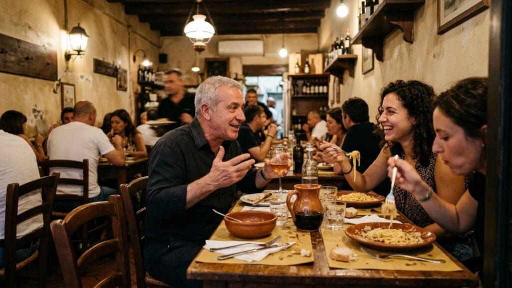 authentic roman trattoria dining locals eating pasta and drinking wine cozy restaurant atmosphere rome