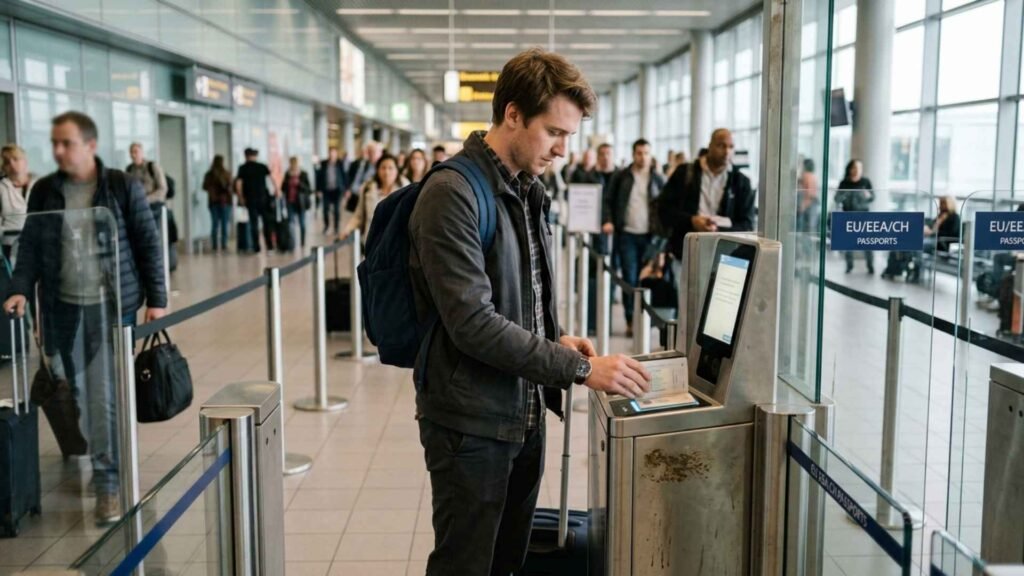 Traveler scanning passport at a self-service border control gate inside a European airport